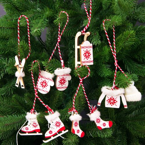 6 pcs. furry wooden Christmas tree decoration set 3.2cm x 7.5cm, 3.5cm x 4.5cm - White