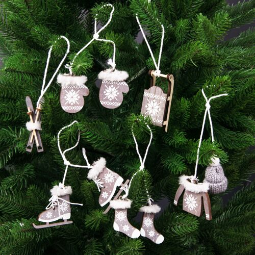 6 pcs. furry wooden Christmas tree decoration set 3.2cm x 7.5cm, 3.5cm x 4.5cm - Gray