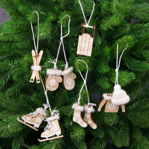 6 pcs. furry wooden Christmas tree decoration set 3.2cm x 7.5cm, 3.5cm x 4.5cm - Nature