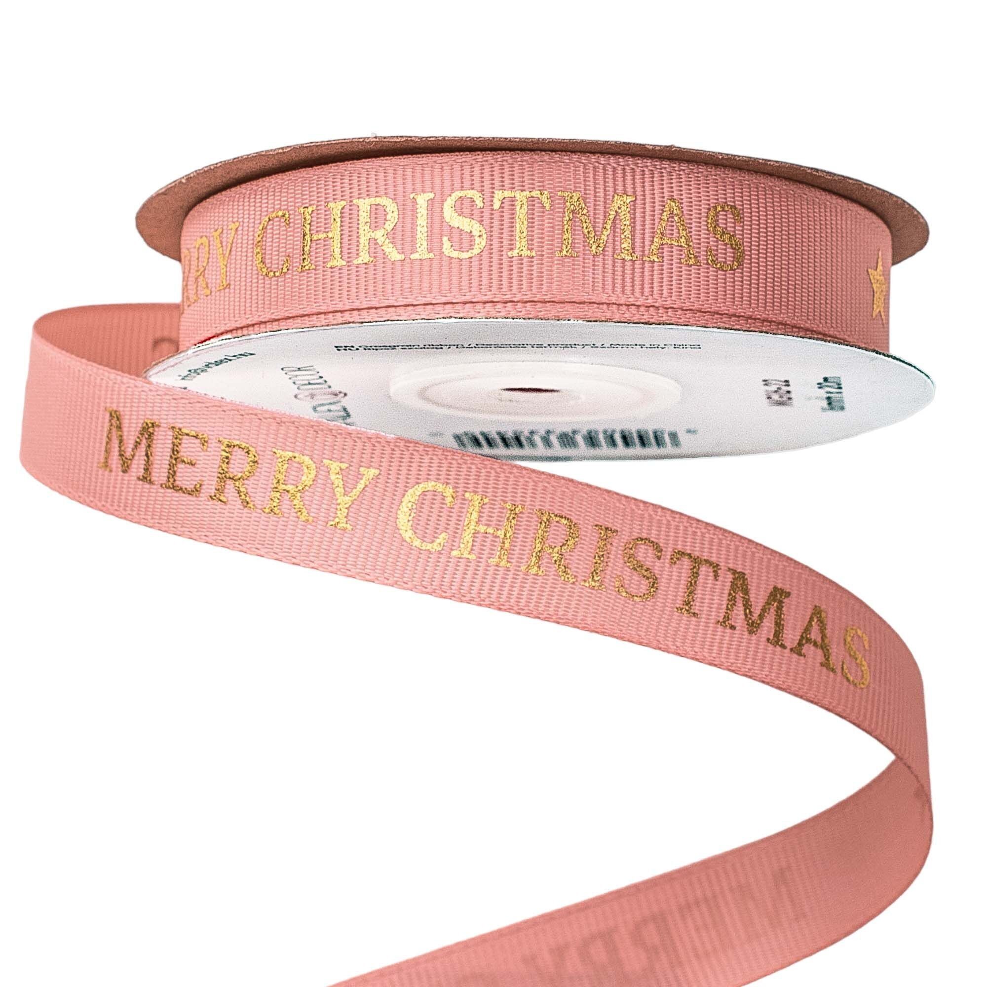 Ripsband mit Aufschrift "Merry Christmas" 16 mm x 20 m - Puderrosa