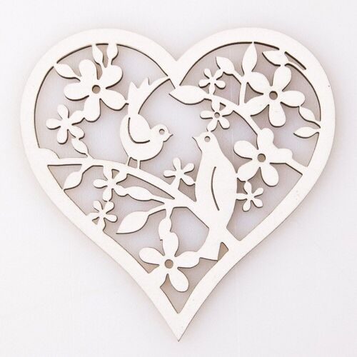 2pcs. Bird laser cut wooden heart 8 x 8cm - White