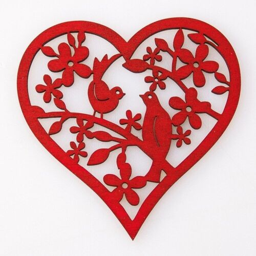 2pcs. Bird laser cut wooden heart 8 x 8cm - Red