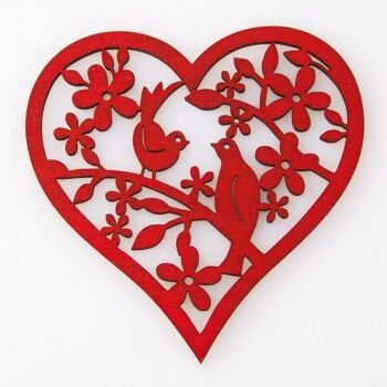 2 pièces. Coeur en bois découpé au laser Oiseau 8 x 8cm - Rouge