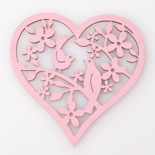 2pcs. Bird laser cut wooden heart 8 x 8cm - Pink