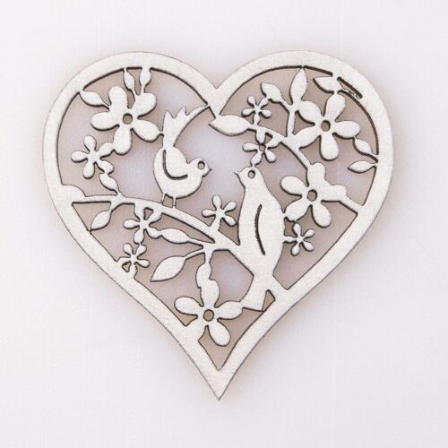 3pcs. Bird laser cut wooden heart 6 x 6cm - White