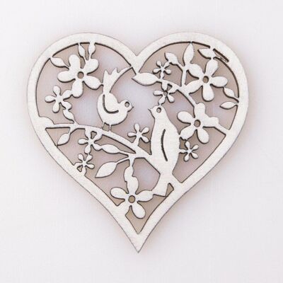 3 piezas. Pájaro corazón de madera cortado con láser 6 x 6cm - Blanco