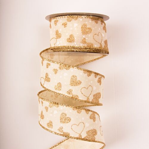 Hearty, glitter linen ribbon with wired edge 38mm x 6.4m - Cream