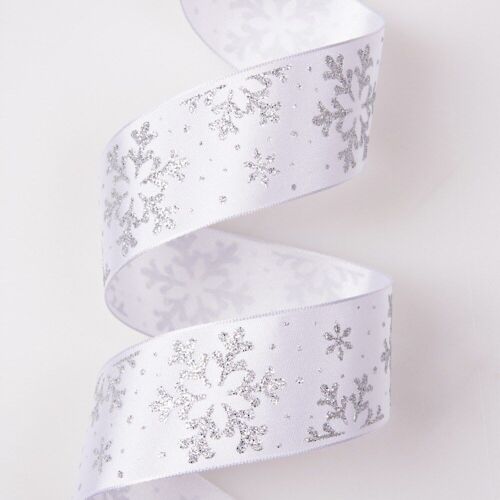 Silver snowflake Christmas ribbon with wire edge 38mm x 6.4m - White