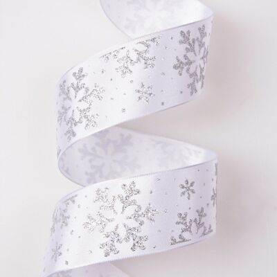 Silver snowflake Christmas ribbon with wire edge 38mm x 6.4m - White