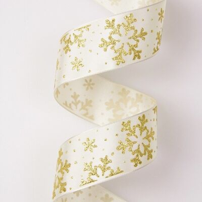 Goldenes Schneeflocken-Weihnachtsband mit Drahtkante 38 mm x 6,4 m - Creme