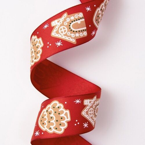 Gingerbread house Christmas ribbon with wire edge 38mm x 6.4m - Red
