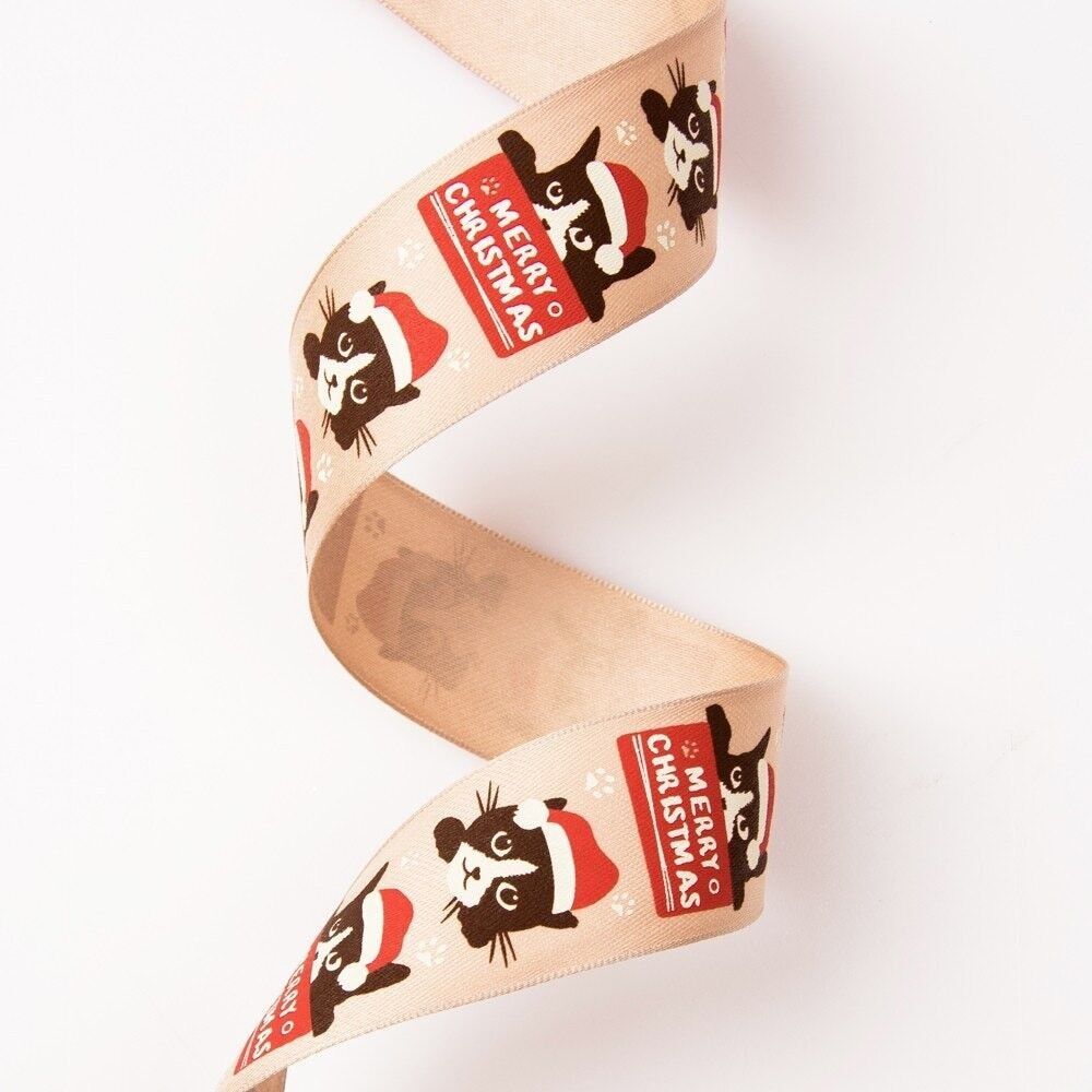 Nastro natalizio con motivo gatto con scritta "Merry Christmas", bordo filo 38 mm x 6,4 m