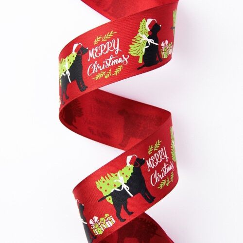Dog patterned Christmas ribbon with "Merry Christmas" inscription, wire edge 38mm x 6.4m - Red