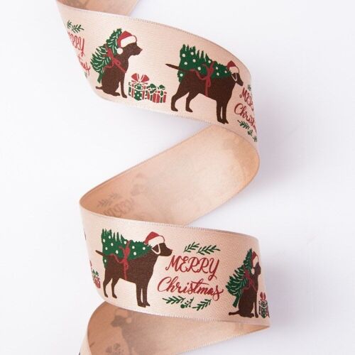 Dog patterned Christmas ribbon with "Merry Christmas" inscription, wire edge 38mm x 6.4m - Beige