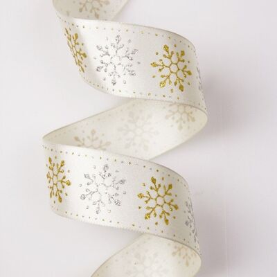 Gold-silver glittery snowflake Christmas ribbon with wire edge 38mm x 6.4m