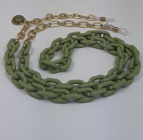 Glasses cord acrylic chain gold plated matt olive green with cabochon