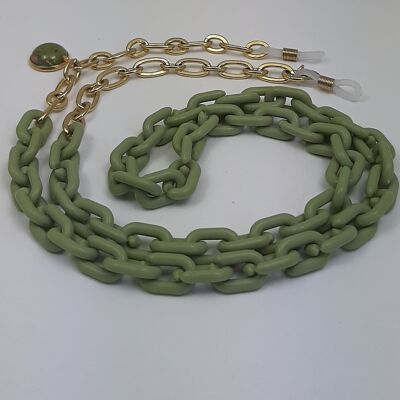 Cordon à lunettes chaîne acrylique plaqué or vert olive mat avec cabochon