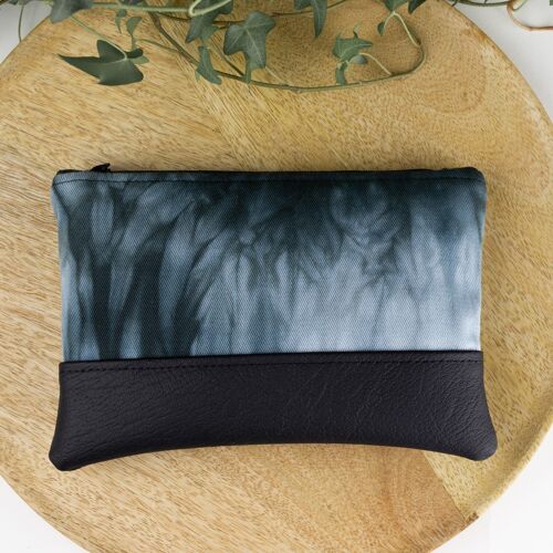 Black shibori tie-dye makeup bag, Small hand dyed boho zipper pouch with vegan leather accent