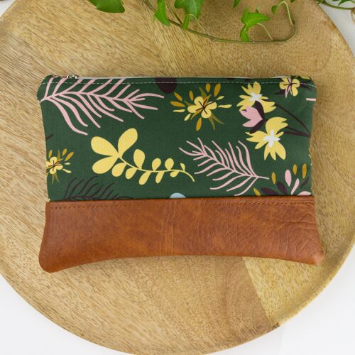 Cute green retro floral cosmetic bag with vegan leather accents