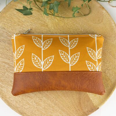 Trousse de maquillage florale rétro jaune avec des accents en cuir végétalien, jolie pochette à fermeture éclair