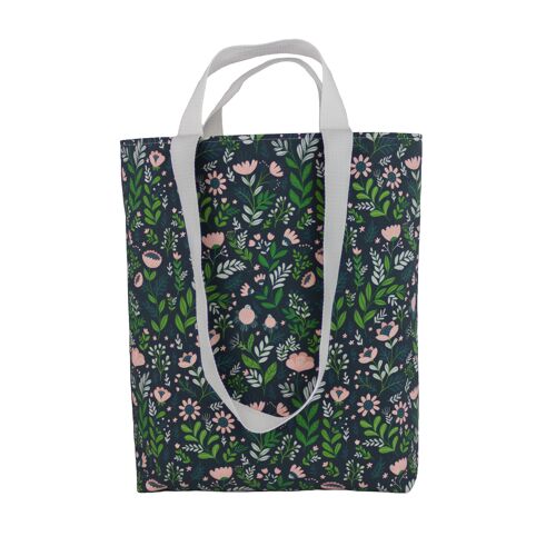 Black reusable shopping tote bag with retro floral print, Gift for flower lovers, florists, gardeners, nature lovers