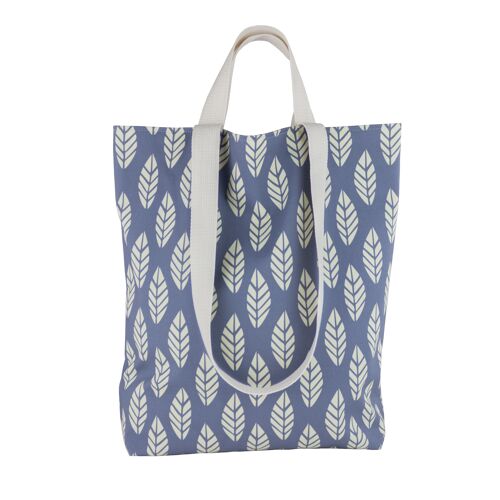 Large blue washable shopping tote bag with retro floral leaf print, Summer book bag for nature lovers