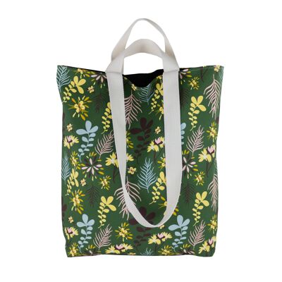 Large green reusable eco-friendly shopping tote bag with retro floral print, Library book bag for nature lovers, plant moms, flower lovers