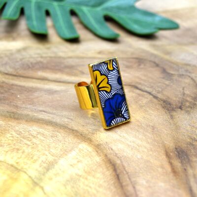 Resin ring adjustable golden rectangle wax flower blue yellow patterns
