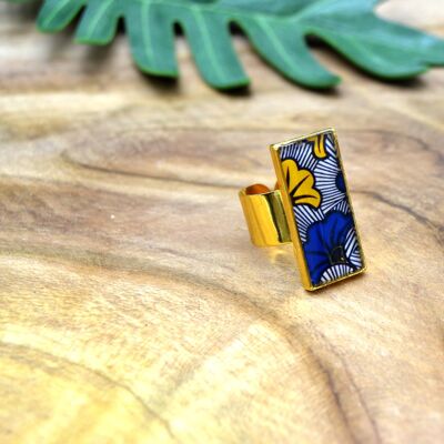 Resin ring adjustable golden rectangle wax flower blue yellow patterns