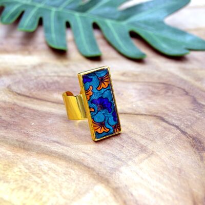 Resin ring adjustable golden rectangle wax orange blue flower patterns