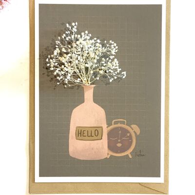 Illustrated dried flower card "The bedside table", white flower card from the "still life" collection