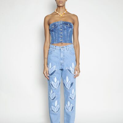 High Waisted Organic & Recycled Upcycled Denim Leaf Blue Jeans