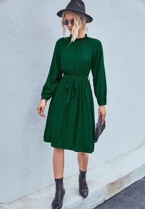 Solid Color Ruffle Neck Dress-Green