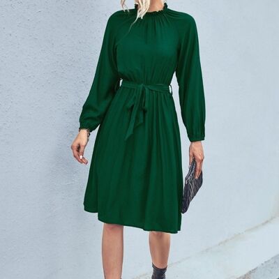 Einfarbiges Kleid mit Rüschenhals-Grün