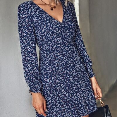 V Neck Dainty Floral Dress-Blue