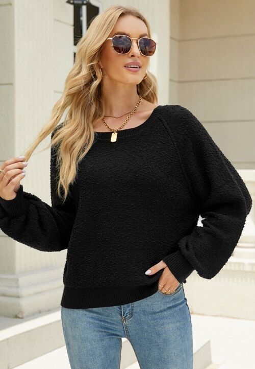 Fuzzy Texture Raglan Sweater-Black