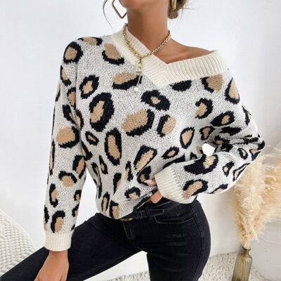 Maglione in maglia accogliente con stampa animalier-beige