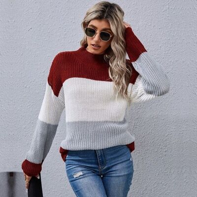 Turtleneck Color Block Chunky Sweater-Burgundy