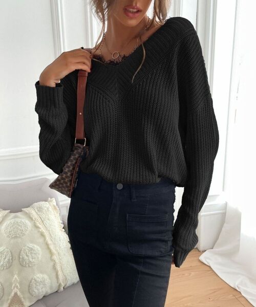 Lace Trim Classic Sweater-Black