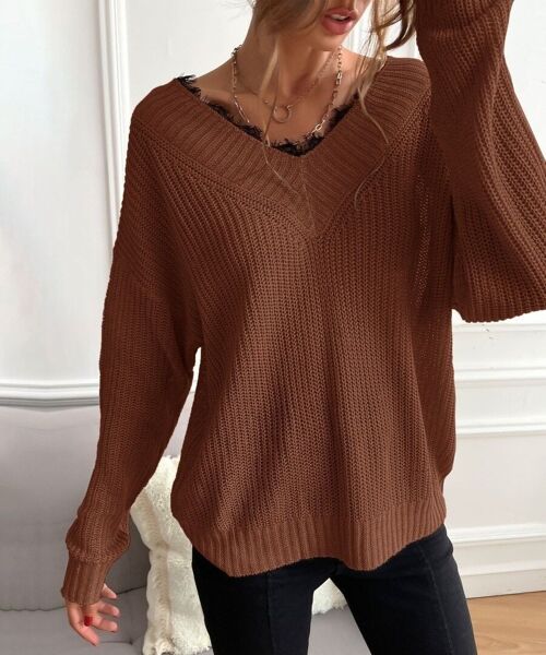 Lace Trim Classic Sweater-Brown