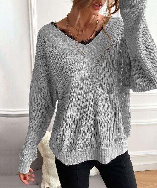 Lace Trim Classic Sweater-Gray