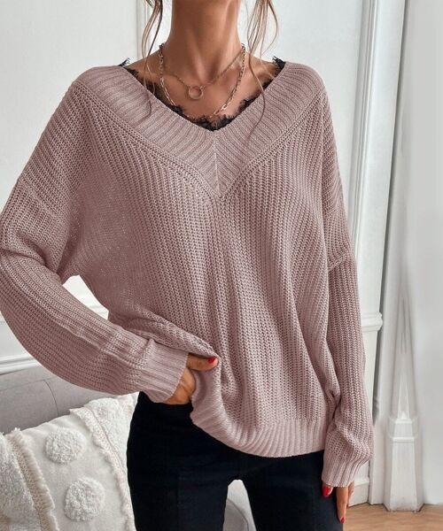 Lace Trim Classic Sweater-Mauve Pink