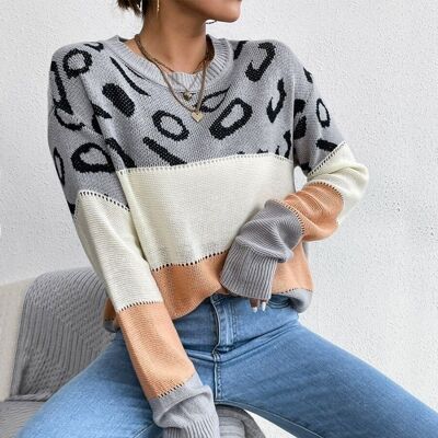 Leopard Detail Color Block Sweater-Gray