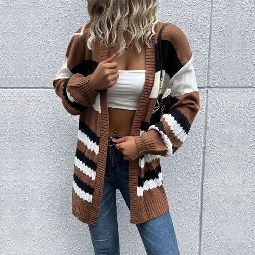 Mixed Striped Pattern Fall Cardigan-Brown