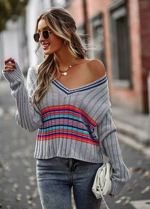 Contrast Multicolor Striped Sweater-Gray