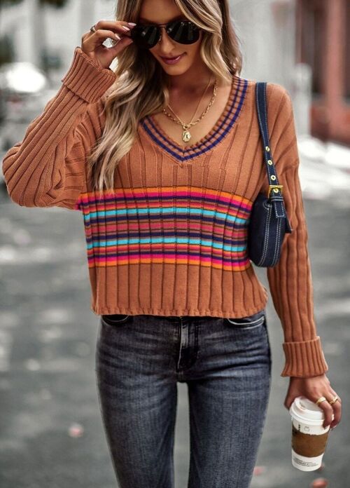 Contrast Multicolor Striped Sweater-Rustic Red