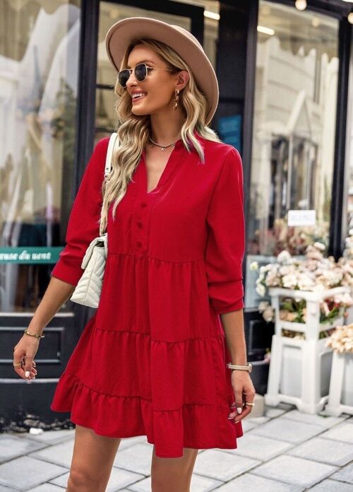Collared V Neck Tiered Dress-Red