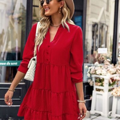 Collared V Neck Tiered Dress-Red
