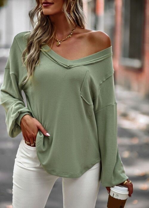 Drop Shoulder Pocket Fall Sweater-Green