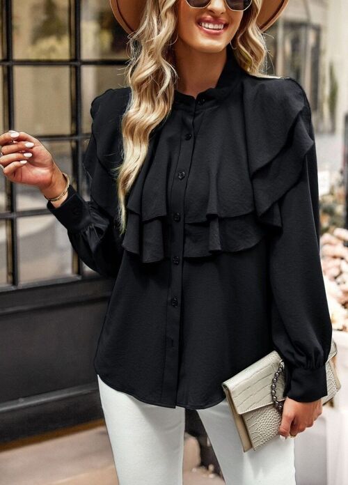 Tiered Ruffle Button Down Blouse-Black